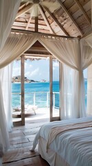 beachside bedroom with light, breezy decor, offering sweeping ocean vistas and incorporating natural materials for a soothing ambiance.