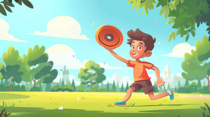 little boy throws a frisbee, child plays in the park, summer, vacation, children, kid, sport, disk, flies, boomerang, active recreation, game, weekend, walk, sun