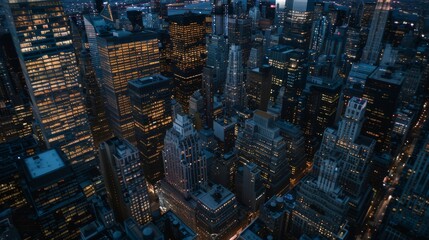 Evening photo of Manhattan's Financial District from a helicopter. Scenery of historic office...