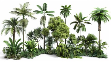 Fototapeta premium Shapes of jungle rain forest trees cutout 3d render png set
