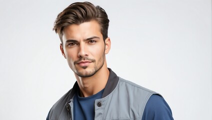 headshot of mechanic handsome guy model on plain white background studio from Generative AI