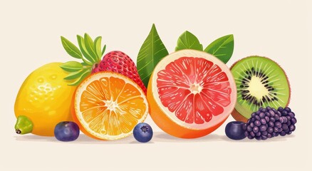 A variety of fresh fruits, including lemons, oranges, grapefruits, kiwis, raspberries, and blackberries.