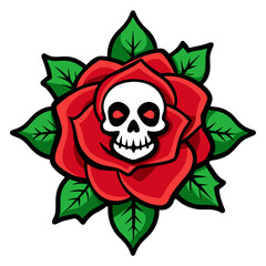 Cartoon of Art piece of a red rose in full bloom with a skull at its core, surrounded by green leaves on a dark background