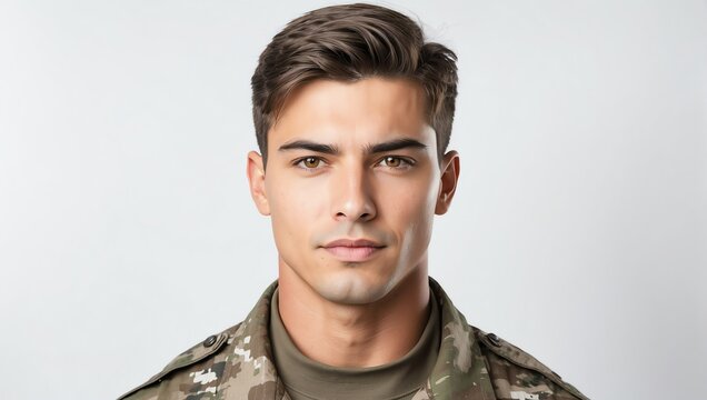 headshot of soldier handsome guy model on plain white background studio from Generative AI