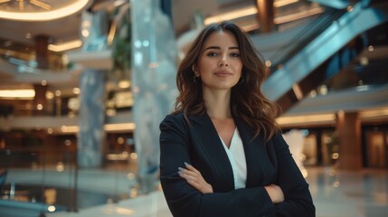Obraz premium The beautiful Caucasian female manager is posing, smiling at the camera, in the office building of a big city. The successful business specialist from a large company is working in the building.