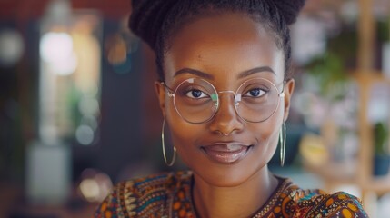 Beautiful diverse female working for her dream agency, feeling empowered. Close up portrait of a young black woman with glasses, looking at the camera, with a smile on her face.