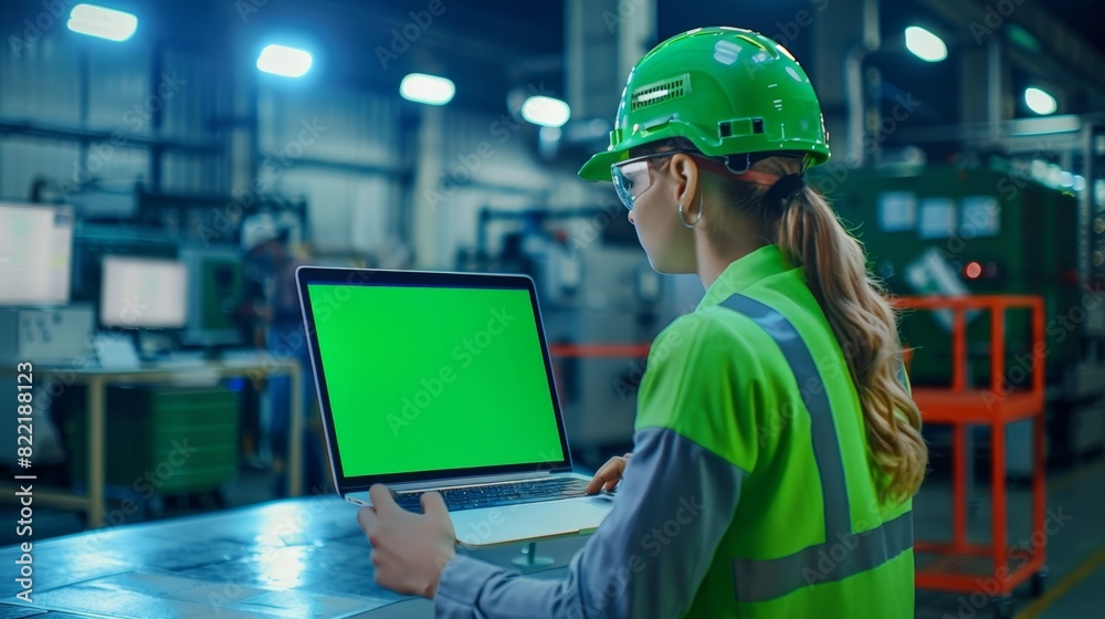 Poster an engineer using a laptop computer with a green screen mock up display at an electronics manufactur