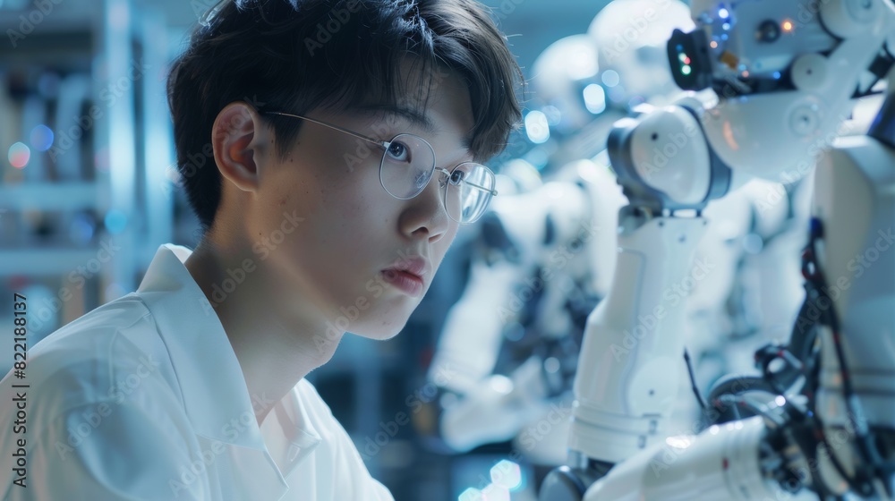Poster using artificial intelligence software, a thoughtful asian engineer monitors and analyzes conditions