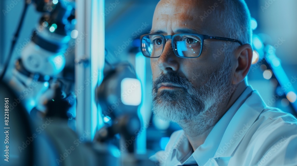 Poster an intelligent middle-aged engineer watches and analyzes the conditions in a modern electronics fact