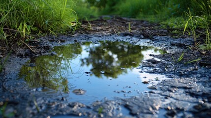 A close up of a muddy puddle in the woods. 