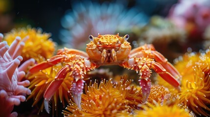 A bright orange crab with white spots sits on a bed of orange and yellow coral. 