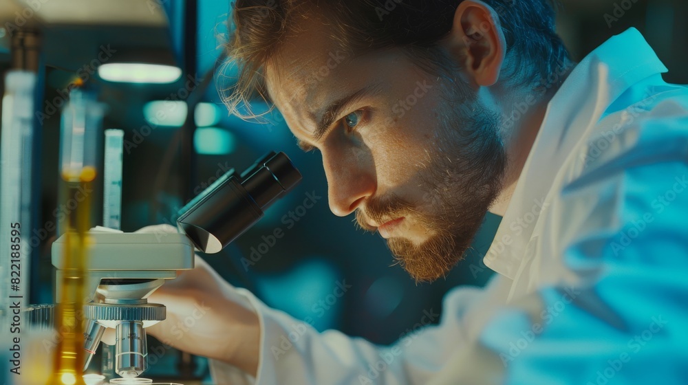 Poster this is an overhead view of a scientist looking into a microscope. the scientist is conducting exper