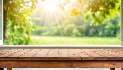 Wooden table with blurred background window view during summertime. Generative ai 
