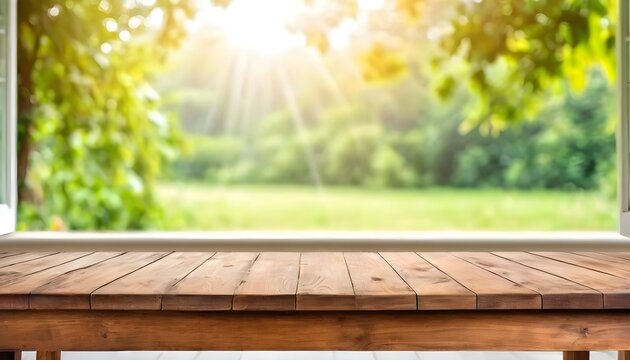 Fototapeta Wooden table with blurred background window view during summertime. Generative ai 