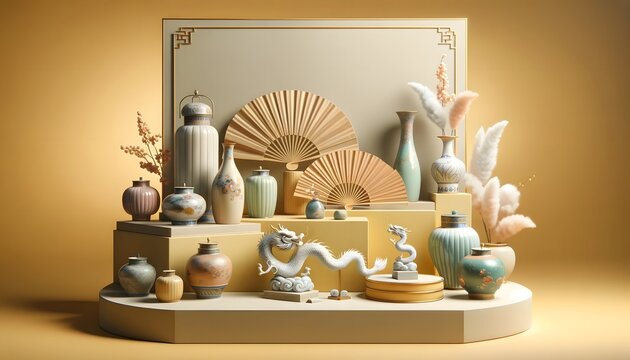 Elegant Chinese artifacts on a yellow platform, featuring vases, fans, and a white dragon sculpture, with a minimalist background.
