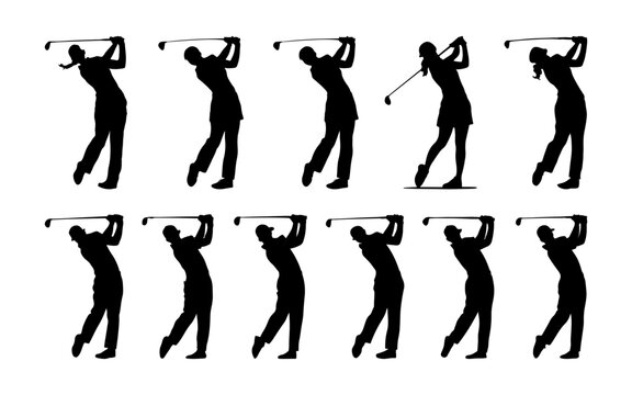 A set of golfer sports people playing golf in various poses. vector silhouette of men and women golf player collection. Golf different silhouettes on white background