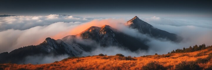Fototapeta premium orange fog on mountain dark background from Generative AI