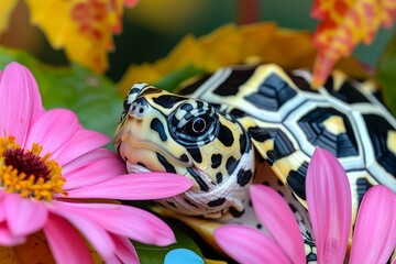 Fototapeta premium Colorful turtle with a unique shell pattern nestling among vibrant flowers, showcasing nature's beauty and tranquility.