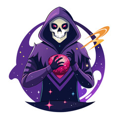 the Grim Reaper holding a glowing, cracked heart with spider webs around it, in a neon cyberpunk style