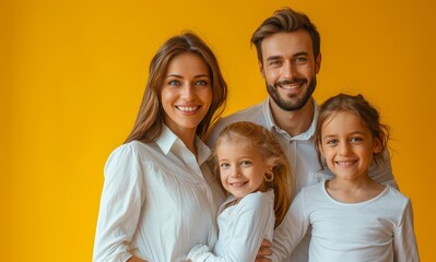 Happy family of four posing together in front of yellow background