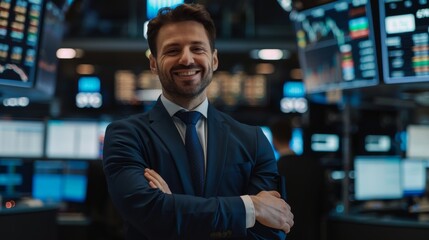 An experienced male stock trader crosses his arms and smiles at the camera. In the background, a busy stock exchange office is occupied by traders, brokers and dealers selling and buying bonds.