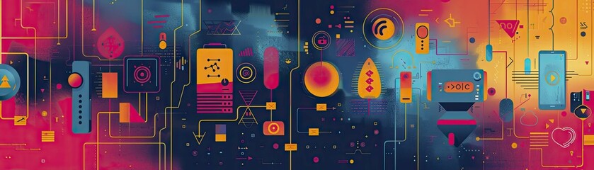 Obraz premium Explore the seamless blend of ancient symbols and modern devices in a captivating minimalist style, perfect for thematic showcases.