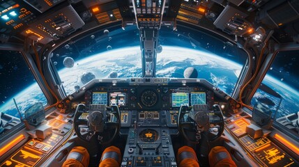 The interior of a spaceship looking out at the Earth.