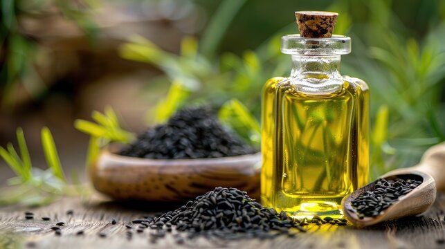 Niger seed essential oil. Selective focus