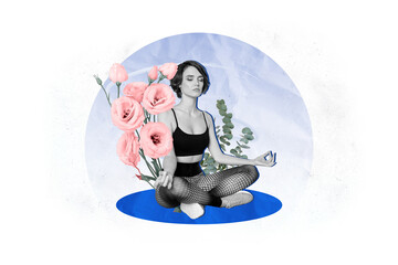 Sketch image artwork photo collage of spring season rose flower black white silhouette sporty young lady keep balance meditate zen - Powered by Adobe