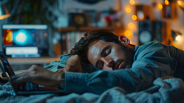 Photo realistic concept: Graphic designer asleep on tablet in creative workspace   illustrating dedication to visual content creation