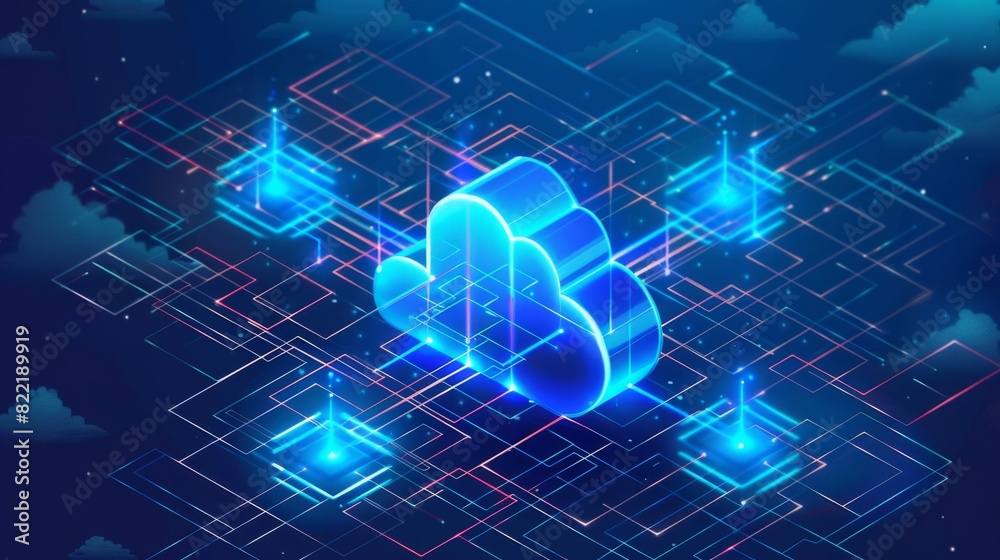 Poster uploading and downloading data from cloud storage. background in technology, vector