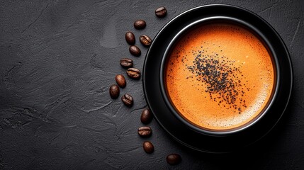 A rich cup of freshly brewed espresso in a black cup on a dark textured background with scattered coffee beans for a perfect coffee moment. - Powered by Adobe