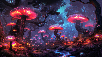 Glowing mushrooms in a dark forest at night