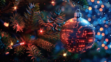 A ball on the Christmas tree. A Christmas card in the style of high technology, electronics, and science. A printed circuit board as a Christmas decoration.