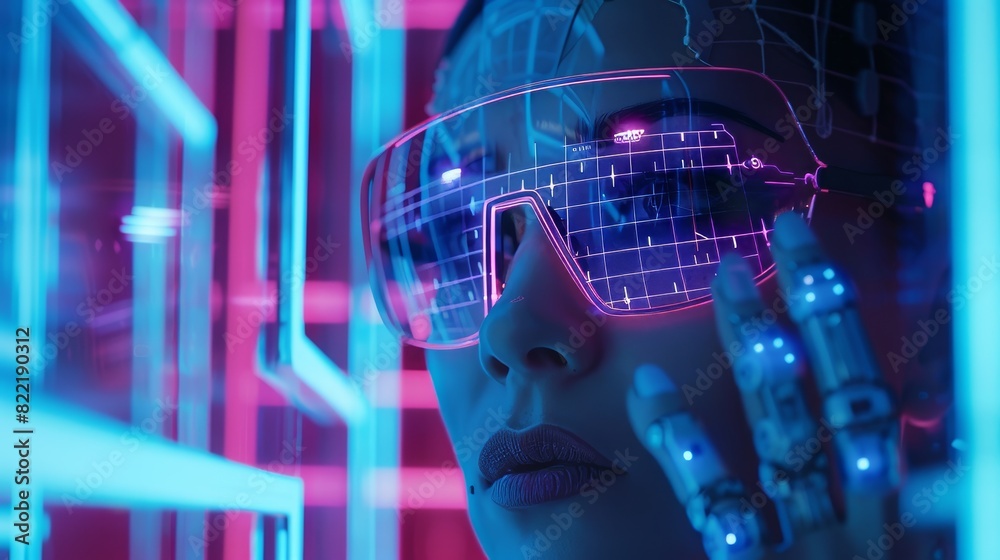 Poster humanoid robot with a plastic face presses the button on the digital screen using a virtual hud inte