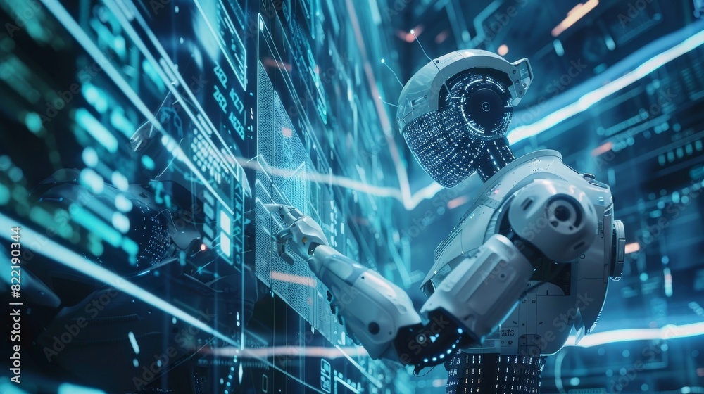 Poster robot humanoid using a virtual hud interface in augmented reality. robot with plastic face presses v