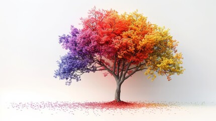 Obraz premium 3D Illustrate of Tree of Equality - A tree with leaves in rainbow colors, representing growth and diversity.,space for text on the white background corner