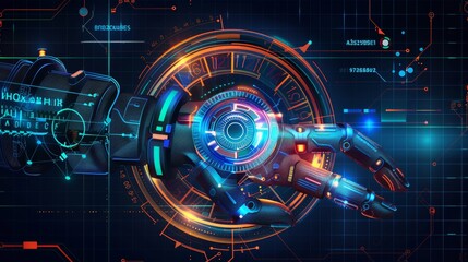 A timeline design template with round marks indicates the deadline of the presentation. Business infographics in the style of electronics or industry developers. An electronic hand indicates the