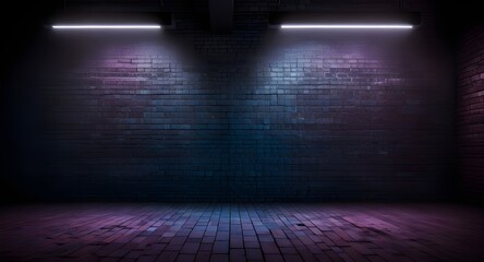 brick wall texture pattern blue and purple background an empty dark scene laser beams neon spotlights reflection on the floor and a studio room with smoke floating up for display products