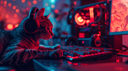 Obraz premium A cat wearing headphones and a hoodie is sitting in front of a computer keyboard. The image has a playful and whimsical mood, as the cat is dressed up like a human and he is using a computer 