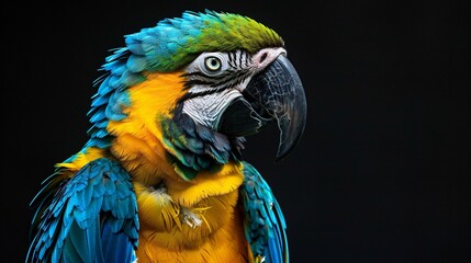 Fototapeta premium Close up of a vibrant parrot with a black background tropical macaw in its natural habitat