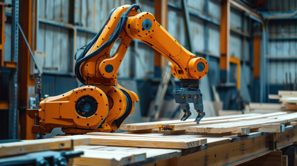 A robotic arm is used to lift and place wooden planks in a factory.