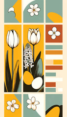 Vibrant Easter Poster with Adorable Chicks, Beautiful Gladiolus Flowers, Colorful Easter Eggs, and a Cheerful Bunny in Retro Style - Perfect for Celebrating the Holiday with Warm Colors and Modernism