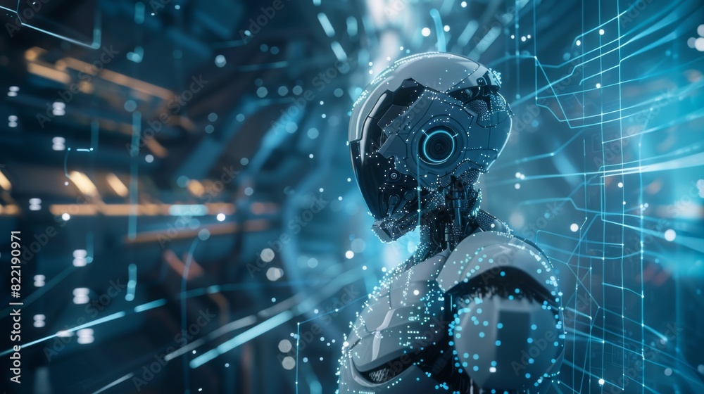 Poster the intelligent robotic cyborg. industry 4.0 concept. wise cyborg with advanced artificial intellige