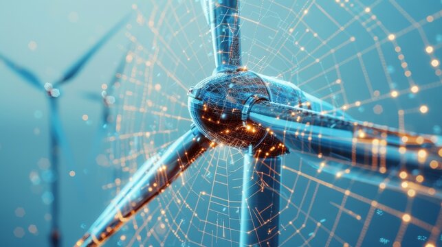 An aerial view of a wind turbine close up on a clear morning sky. Abstract wind power station producing renewable alternative energy.