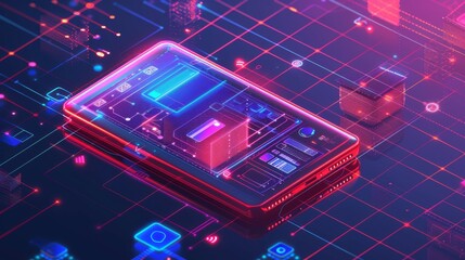 Design and development of mobile apps. Testing the usability of an interface on a website for different types of devices. Isometric modern concept of mobile applications. Sketch layout of mobile apps