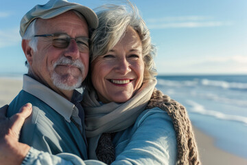 Happy Senior Couple Embracing on the Beach. A joyful senior couple embraces on the beach, enjoying a sunny day by the sea.