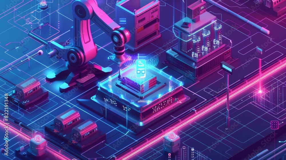Poster a robotic arm with artificial intelligence controls the production line on a smart factory. cybernet