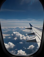 a plane window with a view of clouds and sky