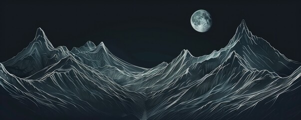 A silver line drawing of mountains with the moon in between them against a dark background, rendered in a hyper realistic style